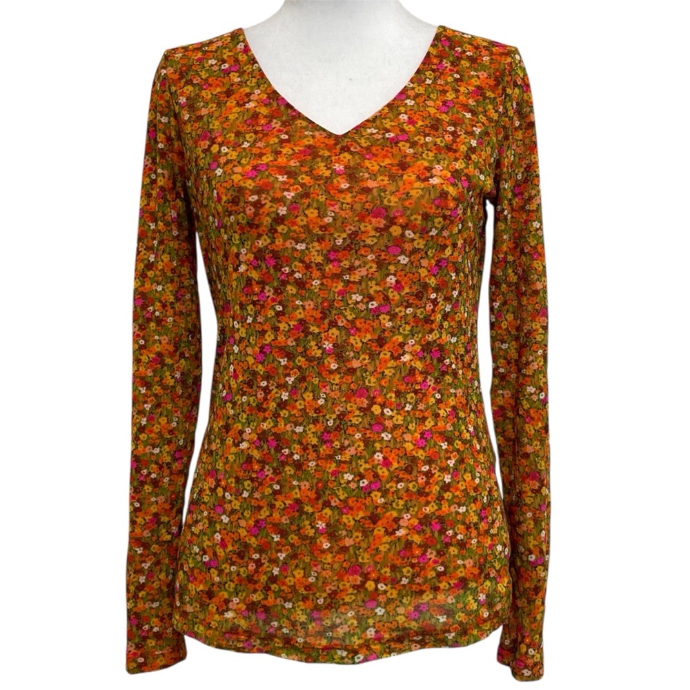 Liz Claiborne Vintage Y2K Orange Floral Mesh Long Sleeve Boho Fairy Top